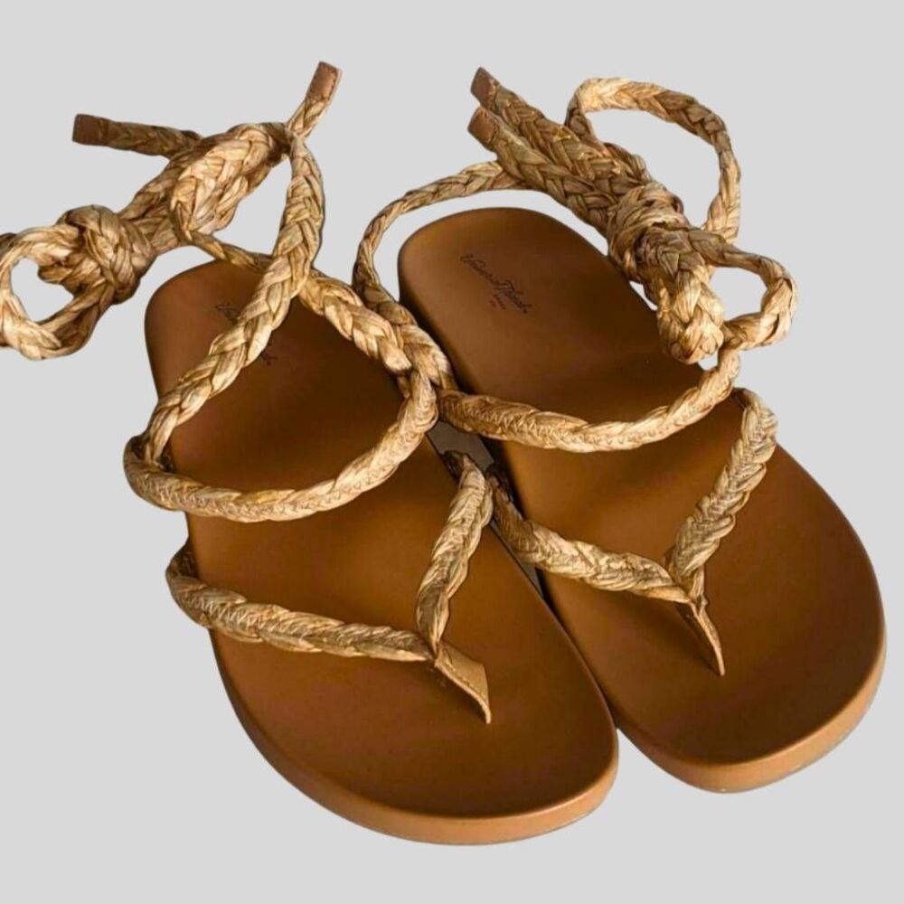 Universal Thread Raffia Rope Sandals Women’s 9.5 Tan Lace-Up Boho Summer Shoes - Picture 3 of 10